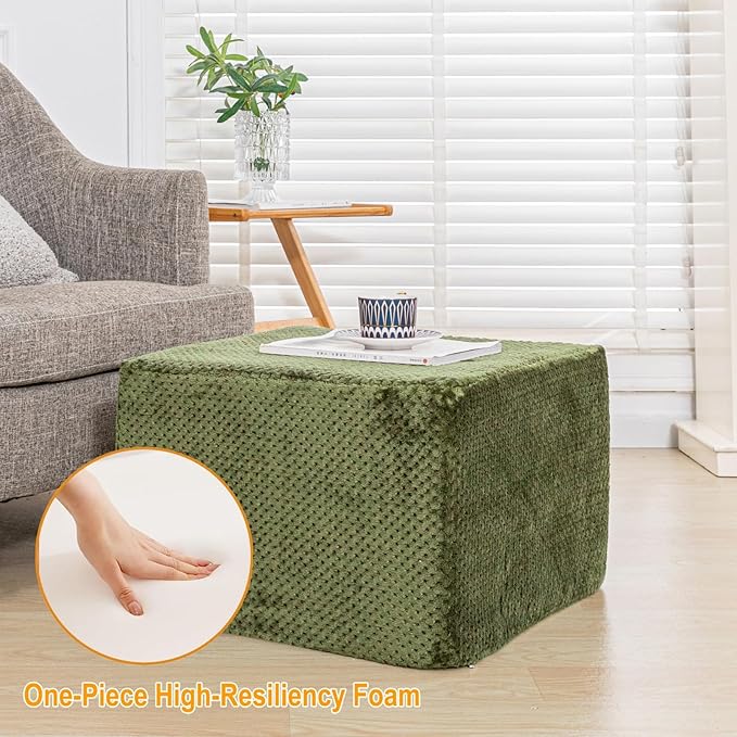 Furry Square Pouf Ottoman – 20"x14" One-Piece Seamless Integral Foam Foot Stool Ottoman Foot Rest Living Room Bedroom Under Desk (Green)