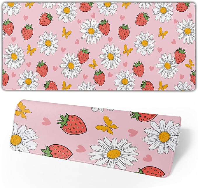 Strawberry Mouse Pad Pink Cute Desk Mat Large Gaming Mousepad Pink Keyboard Pad 31.5x11.8in Non-Slip Rubber Base Pastel Kawaii Mousepad Laptop for Office Gaming Computer Home Accessories Supplies