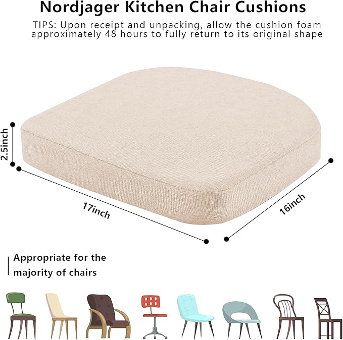 Nordjager Dining Chair Cushions Set of 6 Memory Foam Chair Cushion, Comfortable Dining Chair Pad Removable Slip Resistant Kitchen Chair Seat Cushion (6 Piece, Beige)