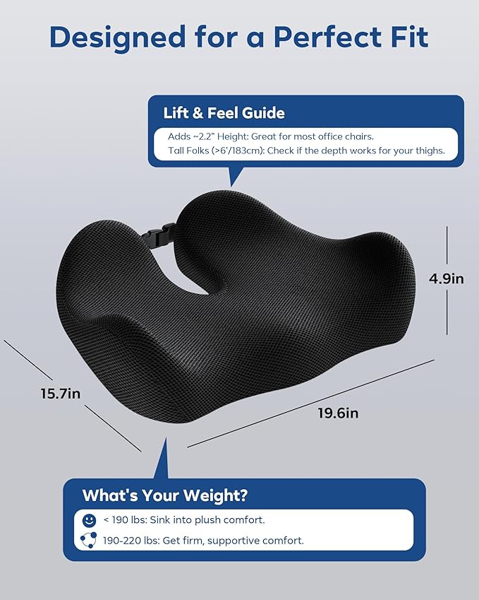 Feagar Seat Cushion for Office Chair - Memory Foam Tailbone Cushion for Desk Chair, Car Seat and Wheelchair - Ergonomic Chair Pad for Hip and Lower Back Comfort - Washable Mesh Cover