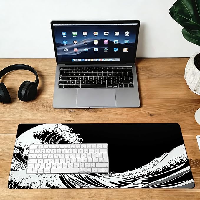 Large Gaming Mouse Pad Dark Wave Desk Mat,Non-Slip Rubber Base Stitched Edges,Extended Mousepad for PC,Laptop,Office,Home Decor(31.5 x 11.8 Inch)