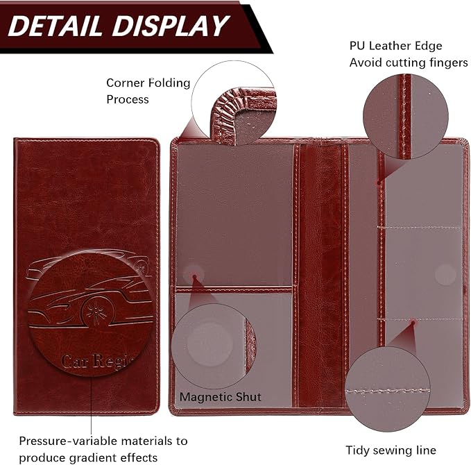 Car Registration and Insurance Card Holder for Women Men, Dark Brown Glove Box Paperwork Organizer with Magnetic Buckle for Easy Access and Protect Documents and Various Cards in Vehicle