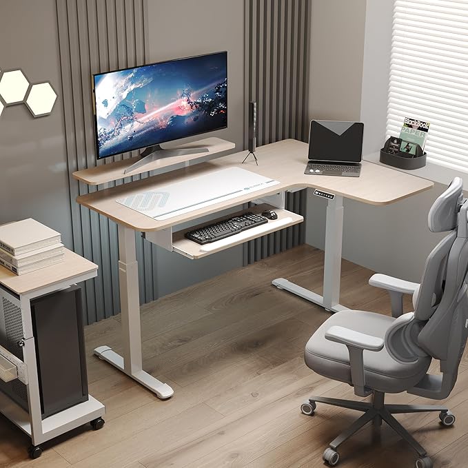 EUREKA ERGONOMIC 55 Inch L Shaped Electric Standing Desk, Height Adjustable Computer Gaming Desk with Keyboard Tray, Mouse Pad,Home Office Work,Maple Wood, Right Side