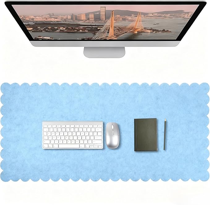 Copkim 35 x 16.5 Inch Felt Desk Mat with Scalloped Edges, Large Felt Mouse Pad Non Slip Scalloped Computer Laptop Desktop Pad for Keyboard and Mouse Home Office(Blue)