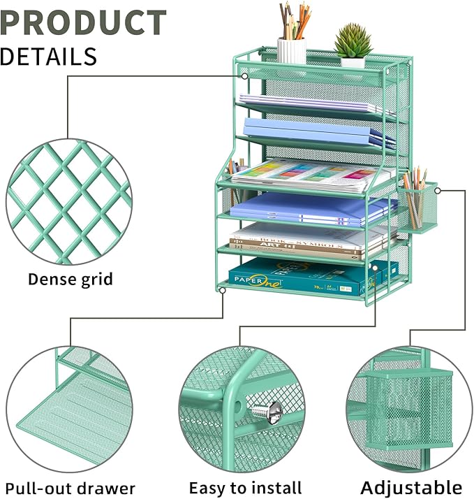 Green 7 Tier Office File Organizer, Letter Tray Paper Organizer with Pen Holder and Metal Hanging Basket, Vertical Desktop File Holder for Home Office Organization