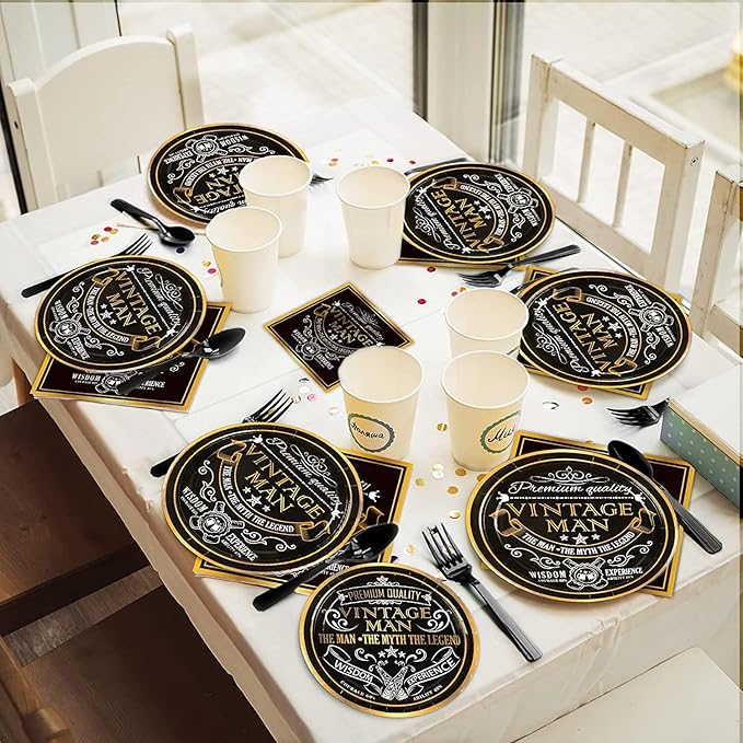 gisgfim Vintage Man Party Supplies Tableware Set for 24 Guests Vintage Man Birthday Party Plates Aged to Party Decorations Includes Plates, Napkins, Tablecloths
