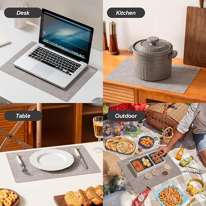 Vinyl Placemats Set of 4 - Faux Leather 100% Waterproof Oil-Proof Wipeable PU Place Mats, Heat Resistant Reversible Table Mats for Kitchen, Dining, Outdoor (Light Gray)
