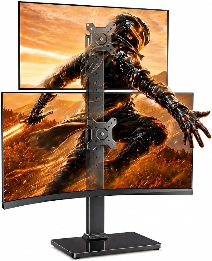 Perlegear Dual Vertical Monitor Stand for 13-40 inch Screen, 13 Height Settings, Dual Computer Stand with 360 Degree Rotation, Up to 44 lbs, Max VESA 100x100mm, PGTVS30