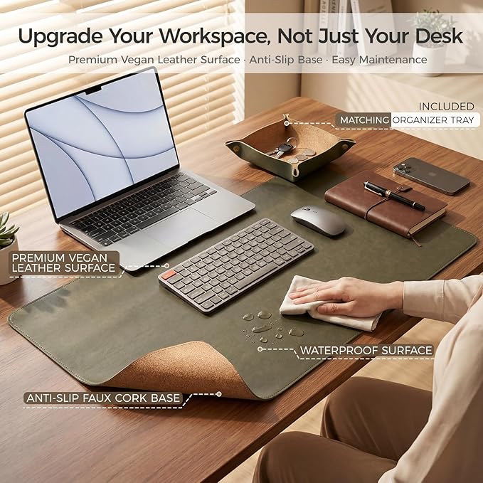 Premium Faux Leather Desk Mat & Tray Set，Innovative Cork-Look Printed Base，Gift Tube Packaging，Full-Desk Coverage，Non-Slip Desk Pad for Office Home（Olive Green）