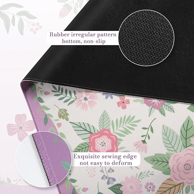 iCasso Floral Desk Mat for Keyboard and Mouse,Cute Gaming Mouse Pad XXL,Anti-Slip Desk Matt for Desktop,Soft Lycra Surface Computer Mat Women,Girly Big Mousepad for Home Office (Purple Floral)