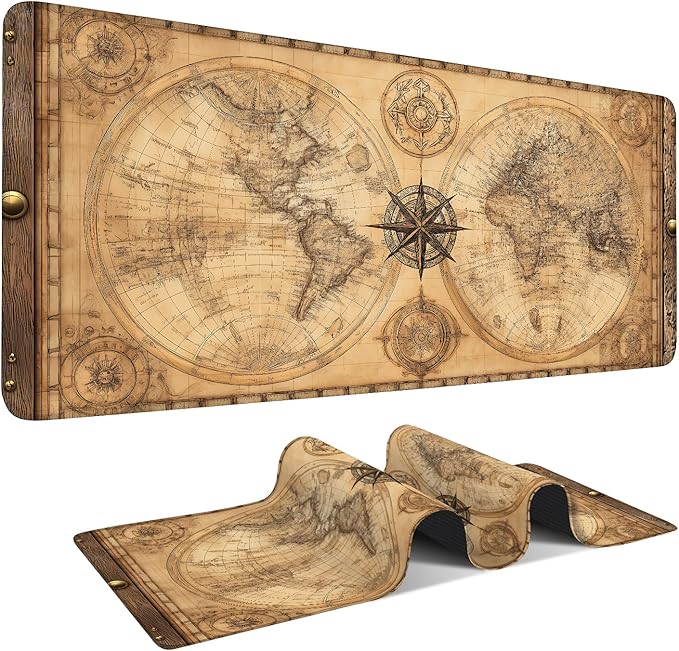 Vintage World Map Extended Gaming Mouse Pad 35.4 x 15.7 Inch – Retro Desk Mat for Gaming, Office Work, and Study, with Non-Slip Rubber Base