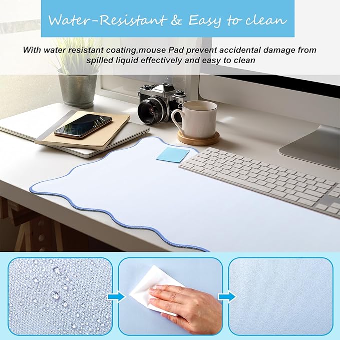 Hahafelt Scalloped Desk Mat Large Desk Pad Cute Coquette Table Mat Aesthetic Preppy Table Make up Pad Nonslip 2026 Graduation Gift with Stitching Waterproof Gaming(Blue,36 x 17 Inches)