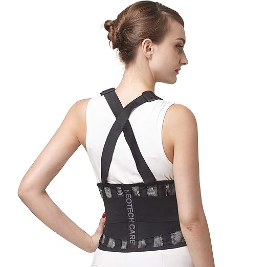 NeoTech Care Back Brace with Suspenders/Shoulder Straps - Light & Breathable - Lumbar Support Belt for Lower Back Pain - Posture, Work, Gym - Black Color (Size S)