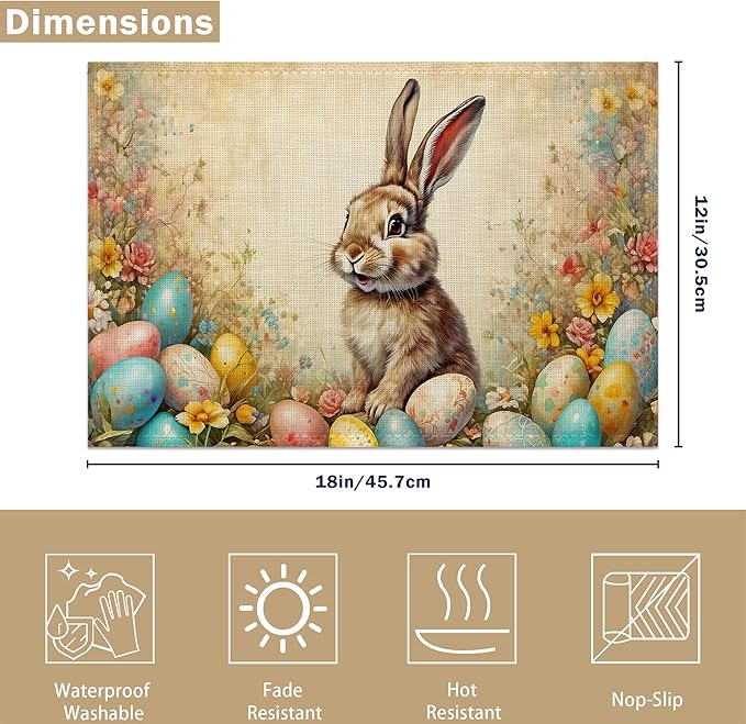 Easter Bunny Spring Placemats Set of 6 Linen Table Mats, 12x18 Inch Washable Placemats for Dining Table, Non Slip Heat Resistant Mats for Kitchen Home Decor
