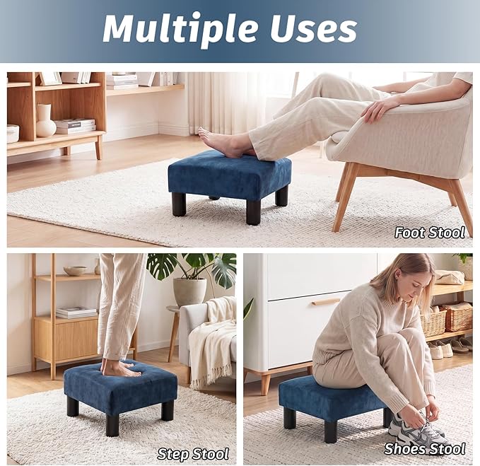 Joveco Small Foot Rest Stool Ottoman, 15" Fabric Square Short Low Footstool Upholstered Footrest for Chair, Under Office Desk, Living Room, Navy Blue
