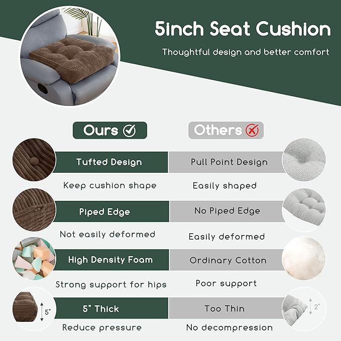 HIGOGOGO Tufted Corduroy Recliner Seat Cushion for Elderly, 20x20x5 Inch Large Square Seat Cushion for Recliner Chair, Floor Pillow, Office Chair, Car, No Pressure on Thighs, Brown