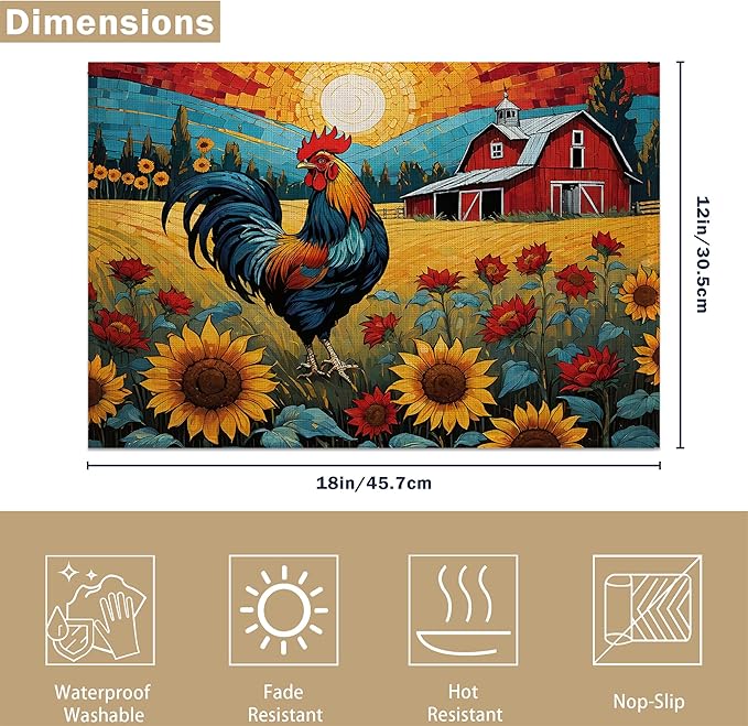 Painting Sunflowers Rooster Table Placemats Set of 6, Linen Placemats 12x18 Inch, Washable Non Slip Heat Resistant Mats for Dining Table Kitchen Indoor Use