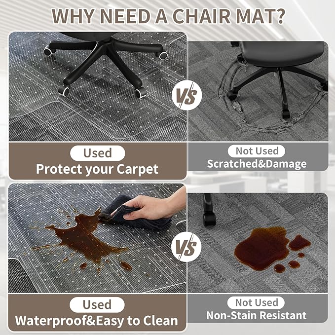Office Chair Mat for Low Pile Carpeted Floors with Lip, 48" x 60" Plastic Floor mat for Desk Chair on Carpet,Easy Glide Carpet Protector Mat for Computer Chairs,Rolling Chairs,Home,Office Non-Slip