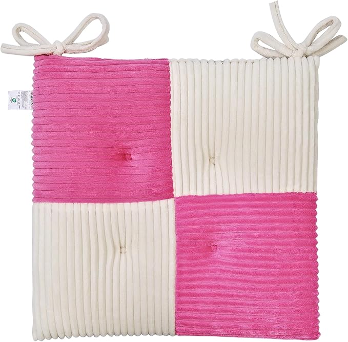 Office Stacking Chair Cushion with Ties, Corduroy High Density Foam Non-Slip Kitchen Seat Cushion, Square 17" x 17" Indoor Dining Chair Pads, White + Pink, 1 PCS