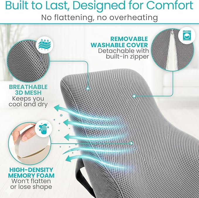 Vive Full Lumbar Cushion - Memory Foam Contour Support for Lower Back Pain - Ergonomic Pressure Relief for Office Chair, Car - Large Mesh Orthopedic Seat Backrest Roll for Improving Posture (Gray)