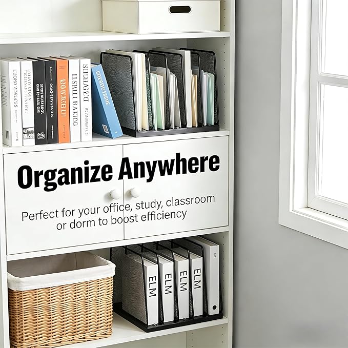 AUPSEN 5-Section File Organizer for Desk, Wood Mesh Desktop File Organizer, File Sorter Storage Rack, Vertical Folder Holder for Files, Magazines, Books (Black)