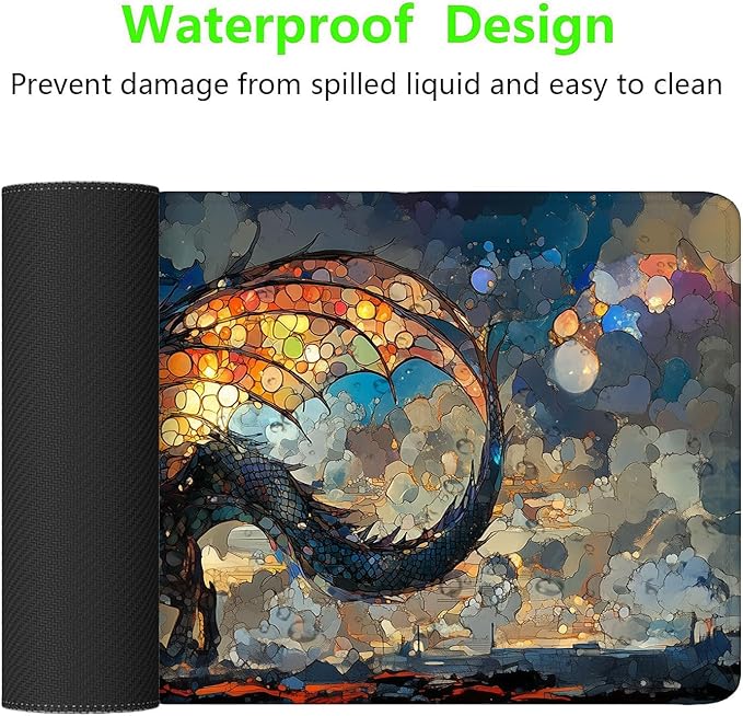 Black Dragon Desk Pad Mouse Pad Stained Glass Fantasy Painting Epic Large Gaming Mouse Mat with Stitched Edges,Non-Slip Waterproof Rubber Base Mous Mat Office Computer Keyboard Laptop Home