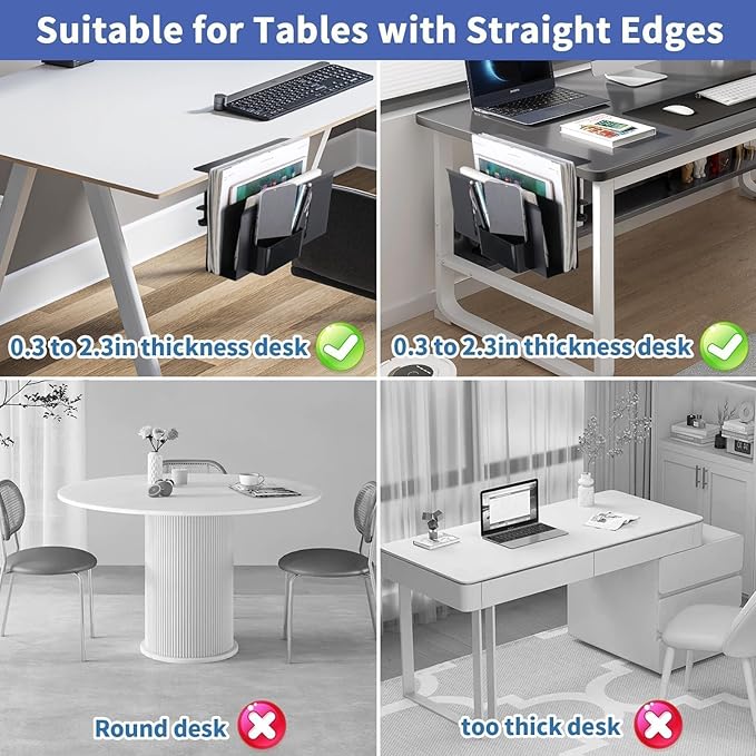 2 Tier Desk Side Storage Organizer, Under Desk Laptop Holder with Magnetic Pen Holder, No Drill Hanging Desk Caddy for Office and Home, Clamp On Desk Shelf for Tablet,Files, Accessories (Black)