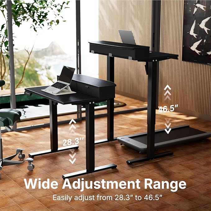 HUANUO 32 x 21 inch Small Electric Standing Desk with 2 Drawers, C-Clamp Mount Compatible, Height Adjustable Sit Stand Desk, Home Office Stand Up Desk with 4 Memory Height Settings, Black