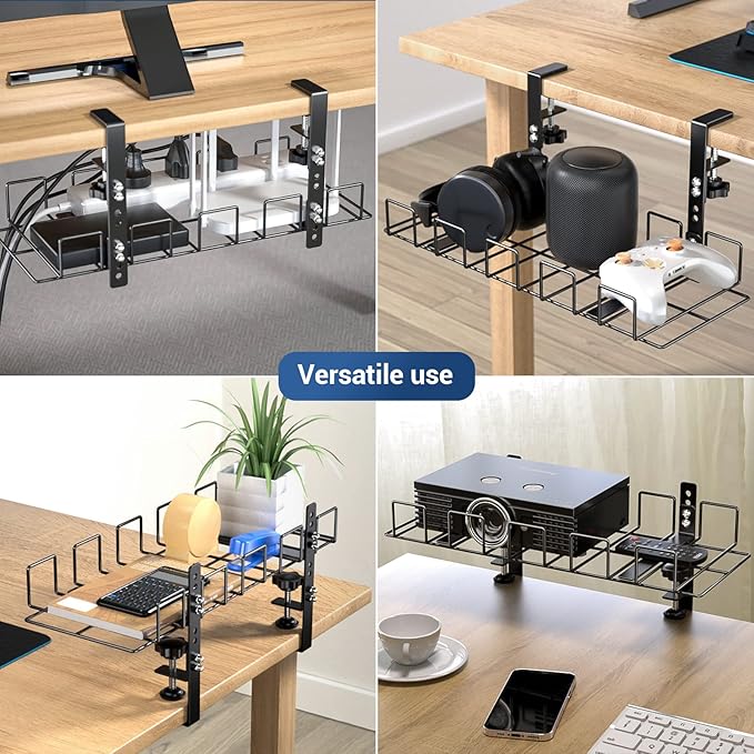 LUXEAR Under Desk Cable Management Tray 2Pack No Drill C-Clamp Standing Desk Cords Organizers 15.7“ High Capacity Adjustable Removable Docking Station Wires Holder Rack Office Kitchen Table Raceway