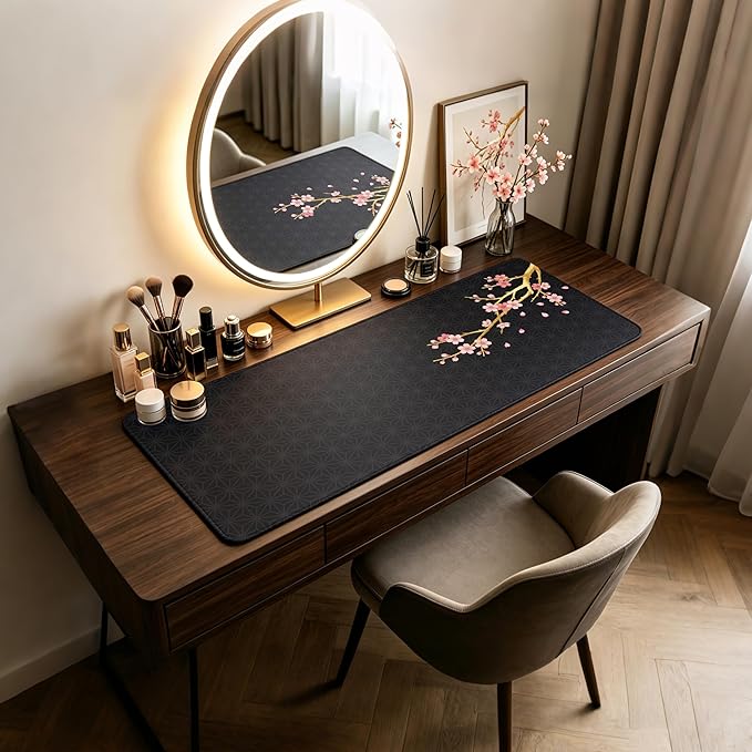 Black Cherry Blossom Mouse Pad Large 35.4×15.7 Pink Floral Japanese Desk Mat for Women, Non-Slip Water-Resistant Keyboard Pad for Home Office Gaming