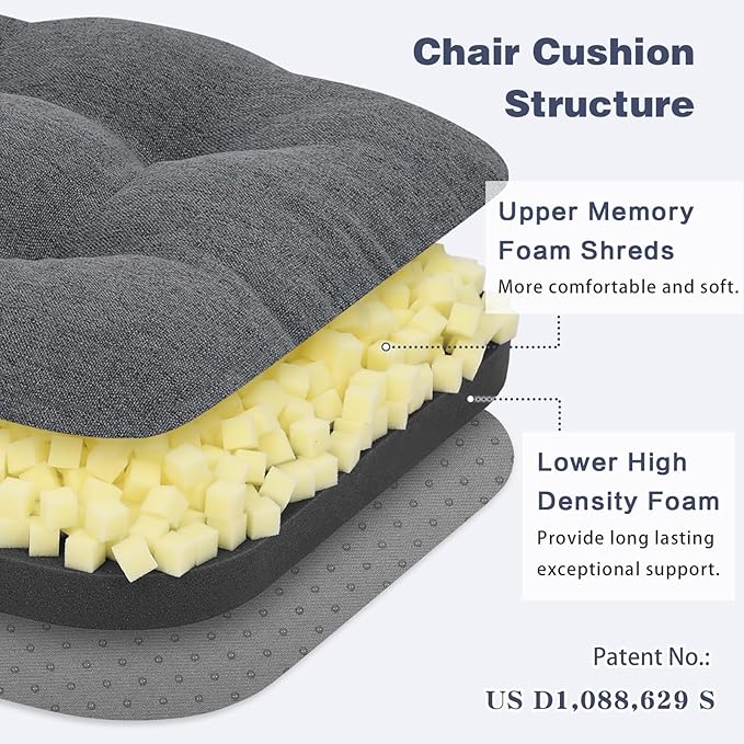 baibu Set of 4 Dining Chair Cushions, Dual-Layer Patent Design Memory Foam Kitchen Chair Cushions, Non-Slip Seat Pads with Ties, 16.5 x 16.5 x 3.5in, 4 Pack, Dark Grey
