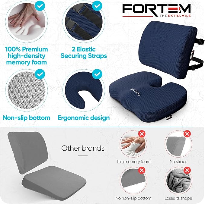 FORTEM Seat Cushion, Office Chair Cushion, Lumbar Support Pillow for Office Chair, Memory Foam Car Seat Cushions, Sciatica Coccyx Tailbone Pain Relief, Cushions for Back Support, Washable, Non Slip XL