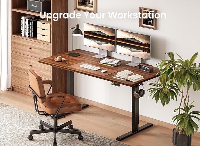 BANTI 63 × 28 Inches Standing Desk, Ergonomic, Electric Height Adjustable, Sit and Stand Up, Computer Desk with a Deeper Desktop, Black Frame/Black Walnut Top