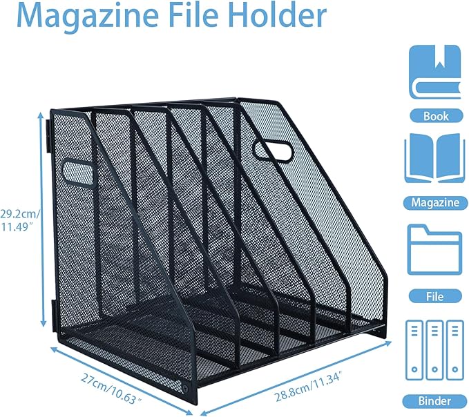 Desk Organizers Metal Magazine File Holder Racks Desktop Folder Storage Binder Organiser Document Organization for Home Office & Classroom,5 Vertical Compartments