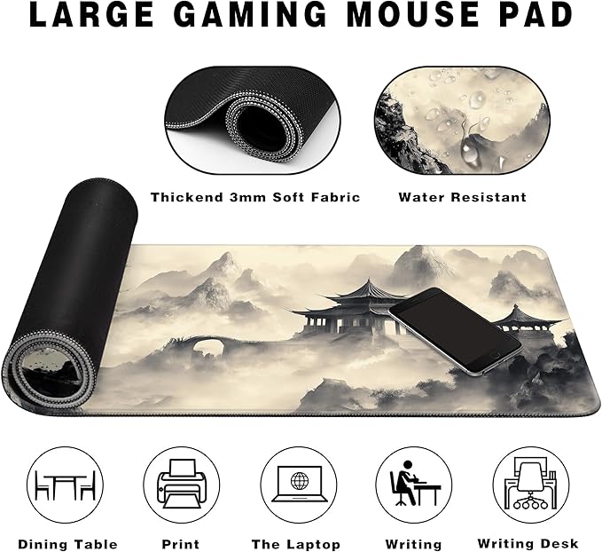 Long Gaming Mouse Pad Extended Anime Large Desk Pad with Non-Slip Base Full Keyboard Mat with Stitched Edges for Gaming and Office 31.5 x 11.8 inches (Black Ink Painting)