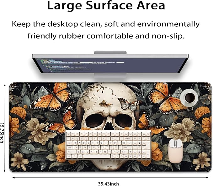 35.4 x 15.7 in, XXL Large Mouse Pad for Desk, Extended Keyboard Mouse Mat for Computer Office, Big Mouse pad with Stitched Edges, Gaming Pc-Skull Butterfly Flowers