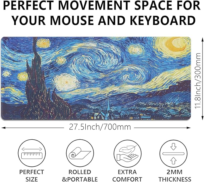 Van Gogh Starry Night Large Mouse Pad Desk Mat, 27.5x11.8in Classic Art Extended Keyboard Mousepad with Stitched Edges, Non-Slip Waterproof Rubber Base for Office, Computer & Laptop