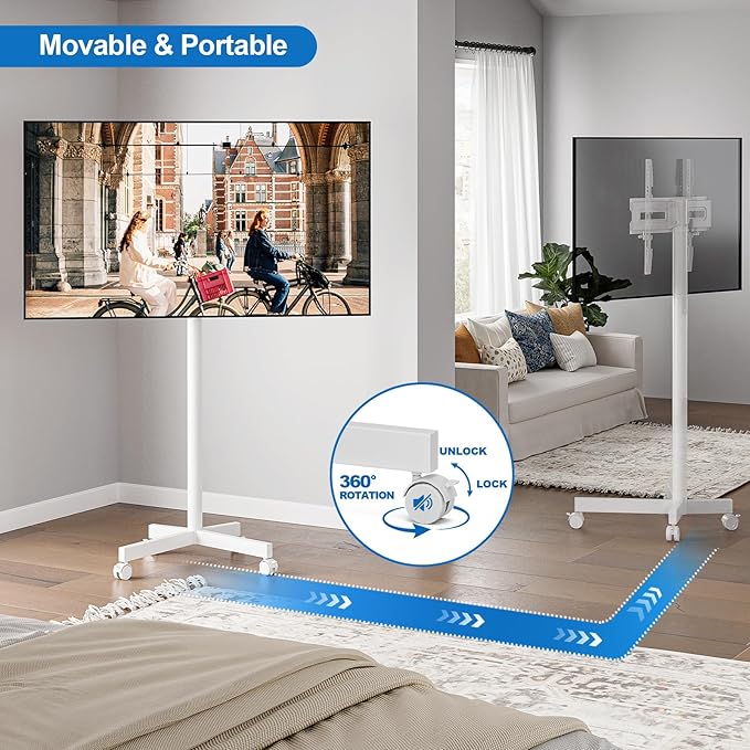 Mobile TV Cart Rolling TV Stand for 23-65 Inch Screen Outdoor TVs up to 110lbs, Height Adjustable Portable AV Cart with Wheels and Tilt Mount, Outdoor TV Stand Mount, Max VESA 400x400mm, White