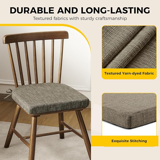 downluxe Indoor Chair Cushions for Dining Chairs, Soft and Comfortable Textured Foam Kitchen Chair Pads with Ties and Non-Slip Backing, 16" x 16" x 2", Khaki, 6 Pack