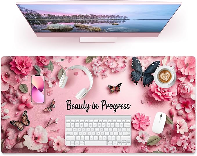 PU Leather Desk Mat Blotter,Cute Pink Desk Mat for Office, Home,School,Keyboard,Mouse,15.7"x31.5" Large Non-Slip Writing Mat with Travel Storage Strap, Waterproof Easy to Clean (Pink Butterfly)