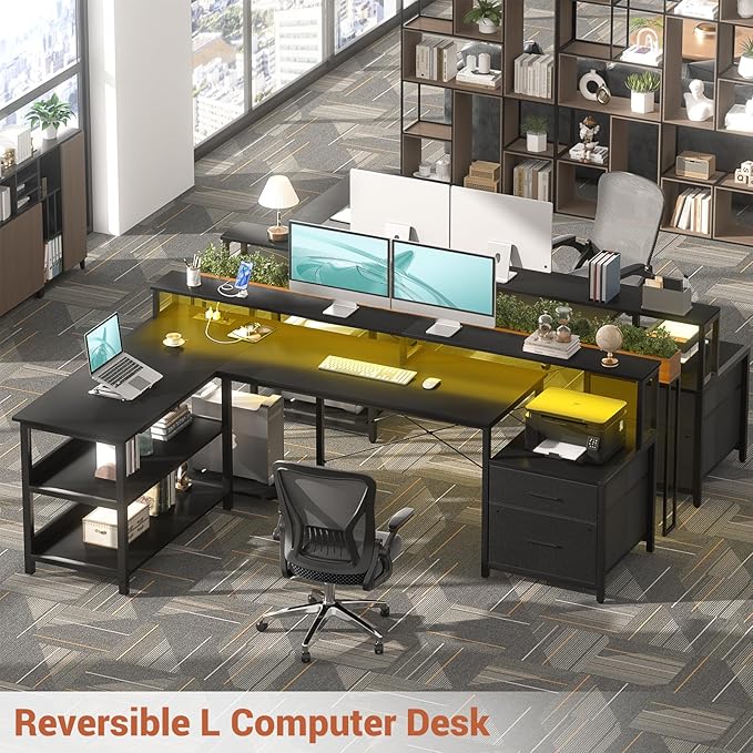 Aheaplus L Shaped Desk with Power Outlet, Reversible L Shaped Computer Desk with File Drawer & Monitor Stand, Gaming Desks with LED Strip, Home Office Desks with Storage Shelf,1Black