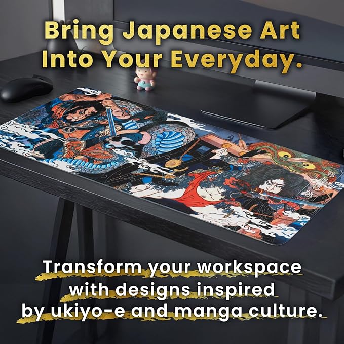 BELLEMOND Japanese Art Desk Mat | Large 31.5x11.8in Anime Mouse Pad for Keyboard & Mouse | Non-Slip Base, Water-Repellent | Original Japanese Design | Dragon Duel