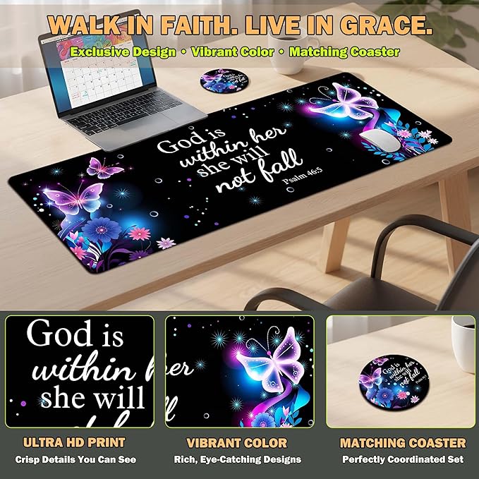 Extended Mouse Pad 31.5 x 11.8 Inches – AiLiTeck Decorative Desk Mat Mousepad with Stitched Edges for Home Office, Waterproof Washable, Includes Matching Coaster Bible Verse Women