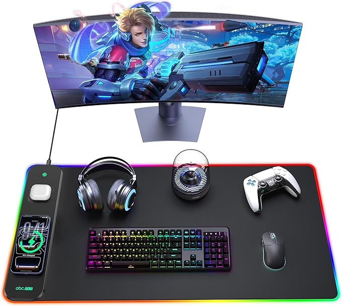 3-in-1 RGB Gaming Mouse Pad with Wireless Charging for Phone/AirPods, 31.5"x15.8" Large, 24 Light Effects, Non-Slip Base, Waterproof Ultra-Smooth Surface, with Adapter