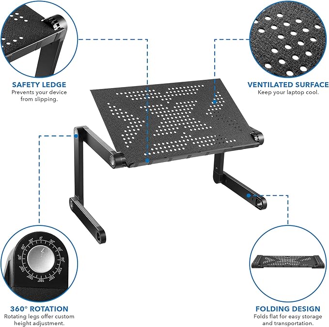 Mount-It! Adjustable Laptop Stand & Lap Desk, Freestanding Sit-Stand Laptop Tray for Bed, Couch, Desk & Floor, 22 lb Capacity, 1.6–18.9” Height, Ventilated Aluminum, Ships Fully Assembled