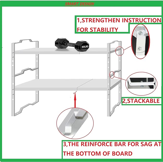 Jojocross Expandable Shelf for Cabinet Organizer Adjustable Stackable Spice Rack at Kitchen and Bathroom More, Counter Countertop Cupboard Organization Pantry Storage(LARGE/1PACK/WHITE)
