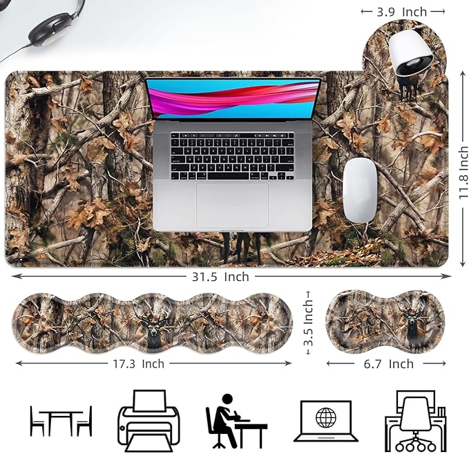 Ergonomic Mouse Pad Set with Wrist Support for Keyboard and Wrist Rest for Mouse, Memory Foam Comfort, Non-Slip Large Desk Mat for Home Office Pain Relief,Camo Forest Deer
