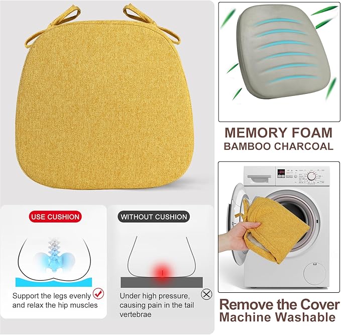 SINOSSO 4 Pack Memory Foam Chair Cushions for Dining Chairs, Friendly Woven Fabric 16" U-Shape Comfortable Kitchen Chair Pads, Removable Slip Resistant Seat Cushions (Set of 4, Yellow)