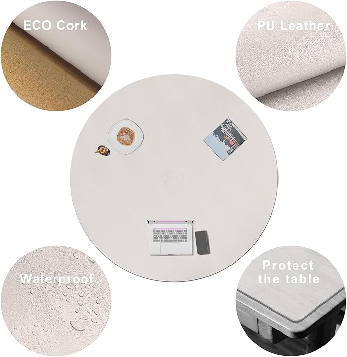 CENNBIE 54 Inches Round Table Pad - Cork & Leather Table Mat - Suitable as Side Dining Coffee Table Cover Protector - Can Be Cut to Fit (42"-54", Cream)