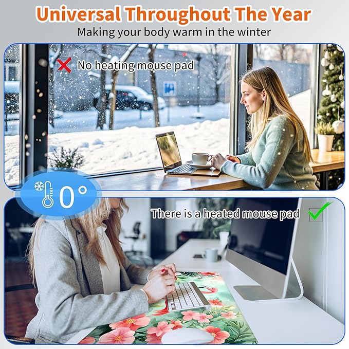 Heated Mouse Pad,Warm Desk Pad with 3 Levels Heating & 3 Hours Auto Shut-Off, PU Leather Heated Desk Pad Warmer Pad for Home Office - 31.5 x 13 inch,Beautiful Flamingos
